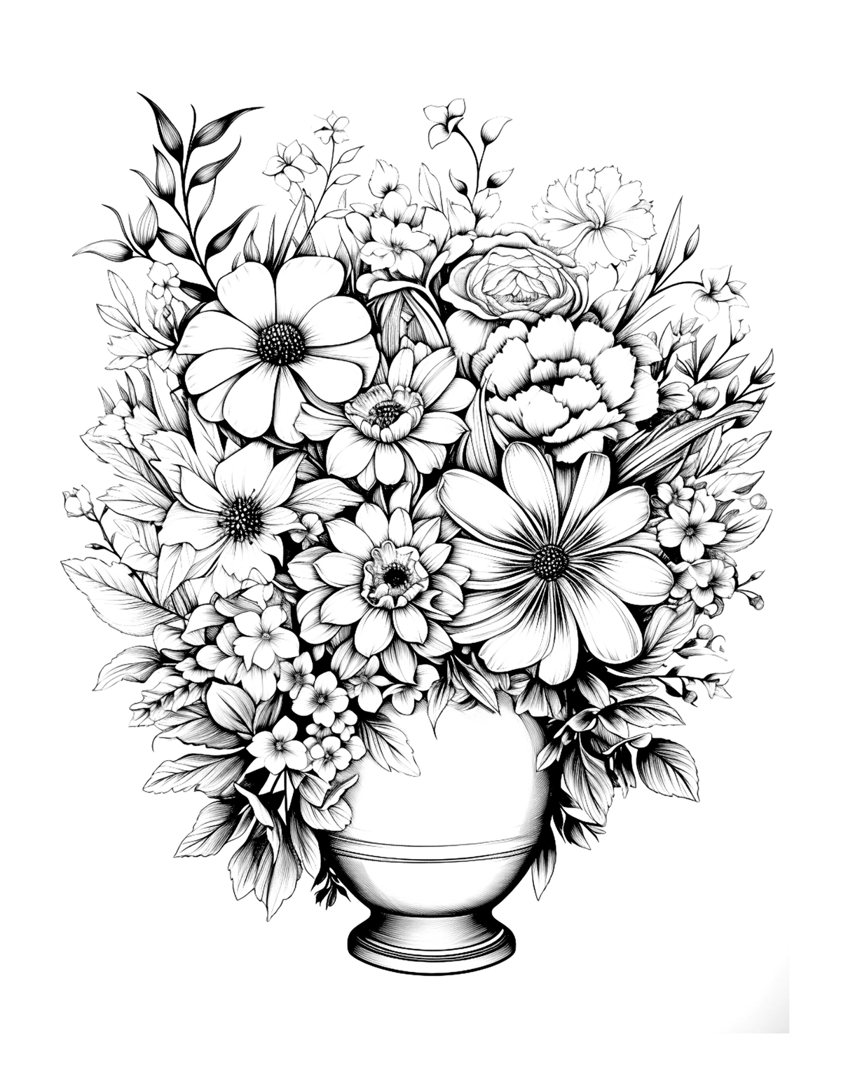 Black and white floral arrangement in a vase on a white background