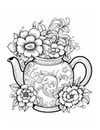 Black and white line drawing of a teapot with floral designs on a white background