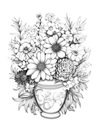 Black and white illustration of a floral arrangement in a vase on a white background