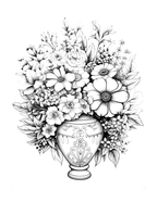 Black and white illustration of a decorative vase with flowers