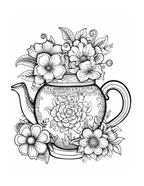 Black and white illustration of a teapot with floral designs on a white background