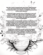 Flower-filled treasures colouring book with text and a vase illustration on a white background, Back Cover.