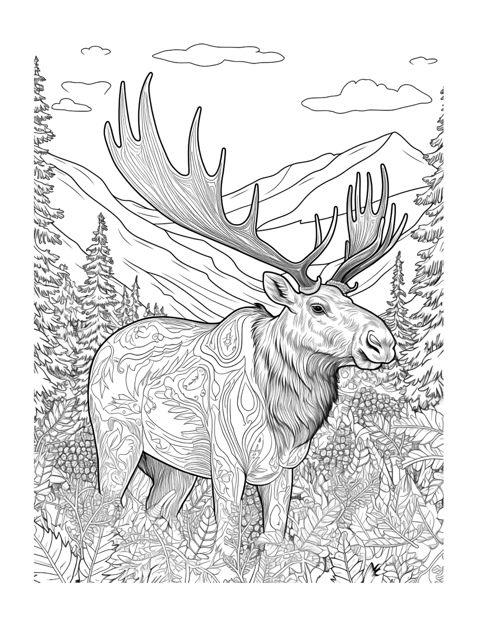 Colouring page of a moose in a forest with intricate patterns