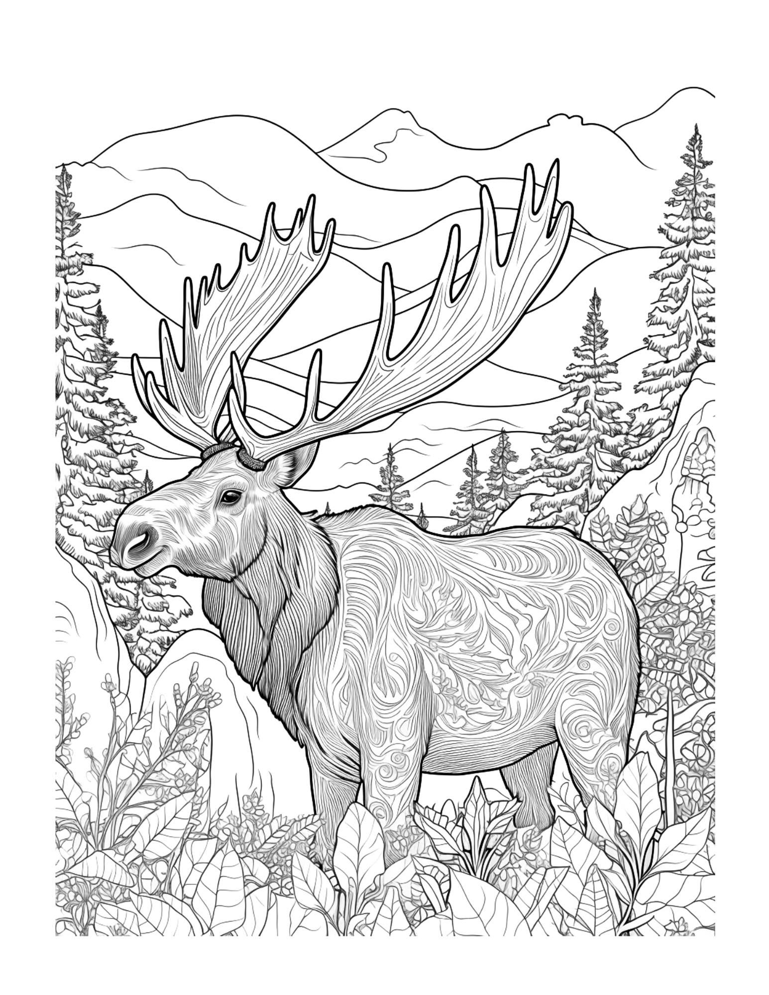 Black and white illustration of a moose in a forest with mountains in the background