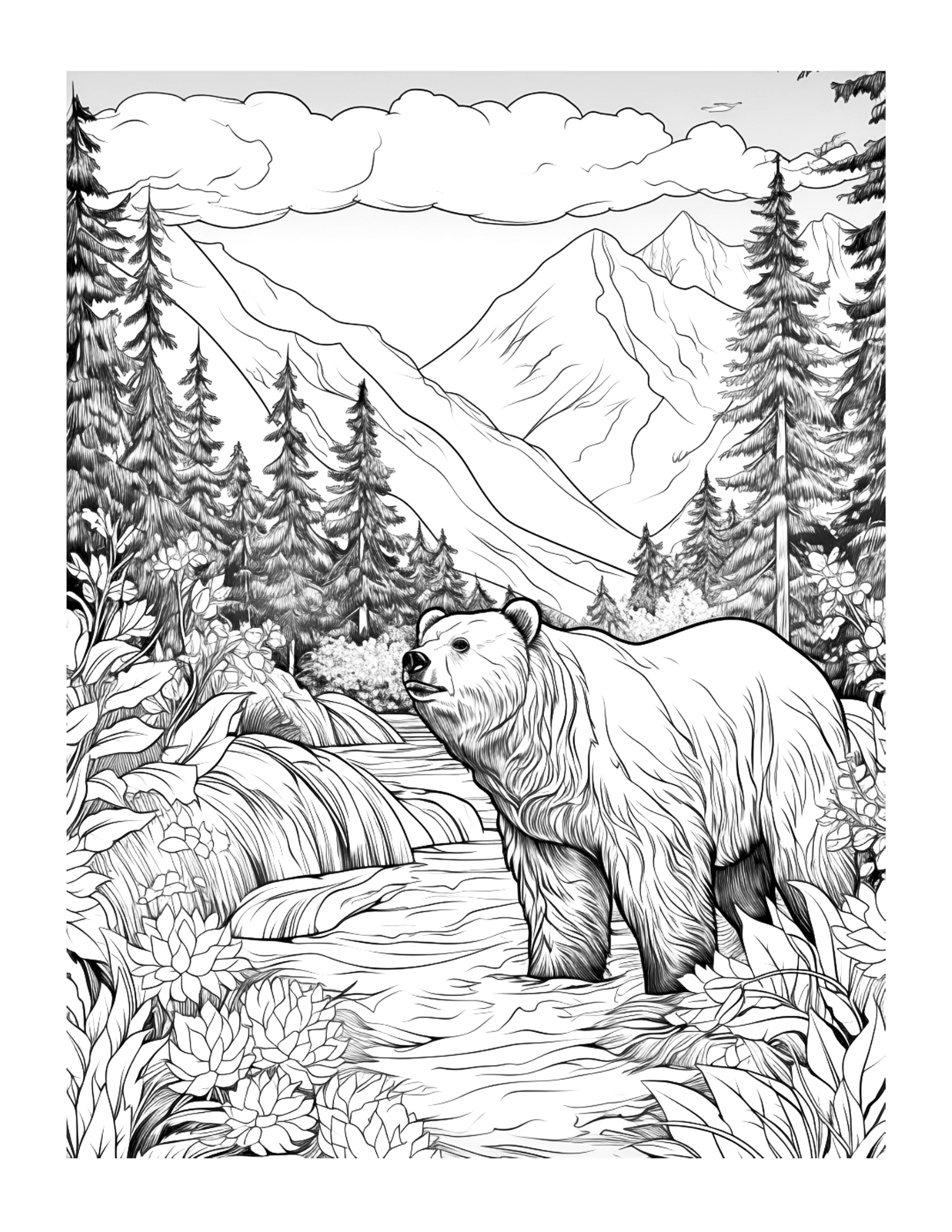 Black and white illustration of a bear in a forest with mountains.