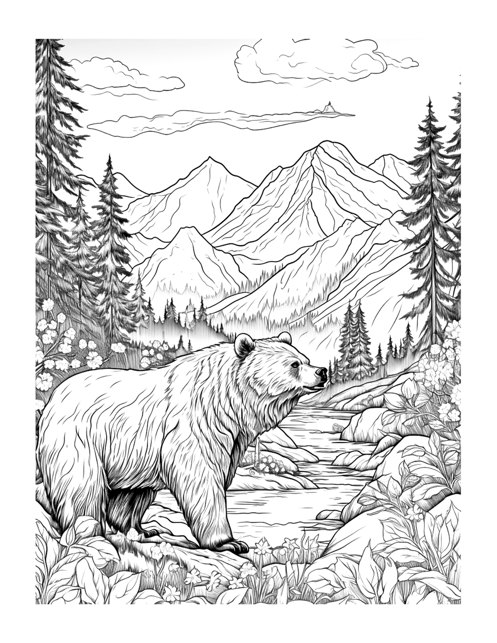 Black and white illustration of a bear in a mountainous forest landscape.