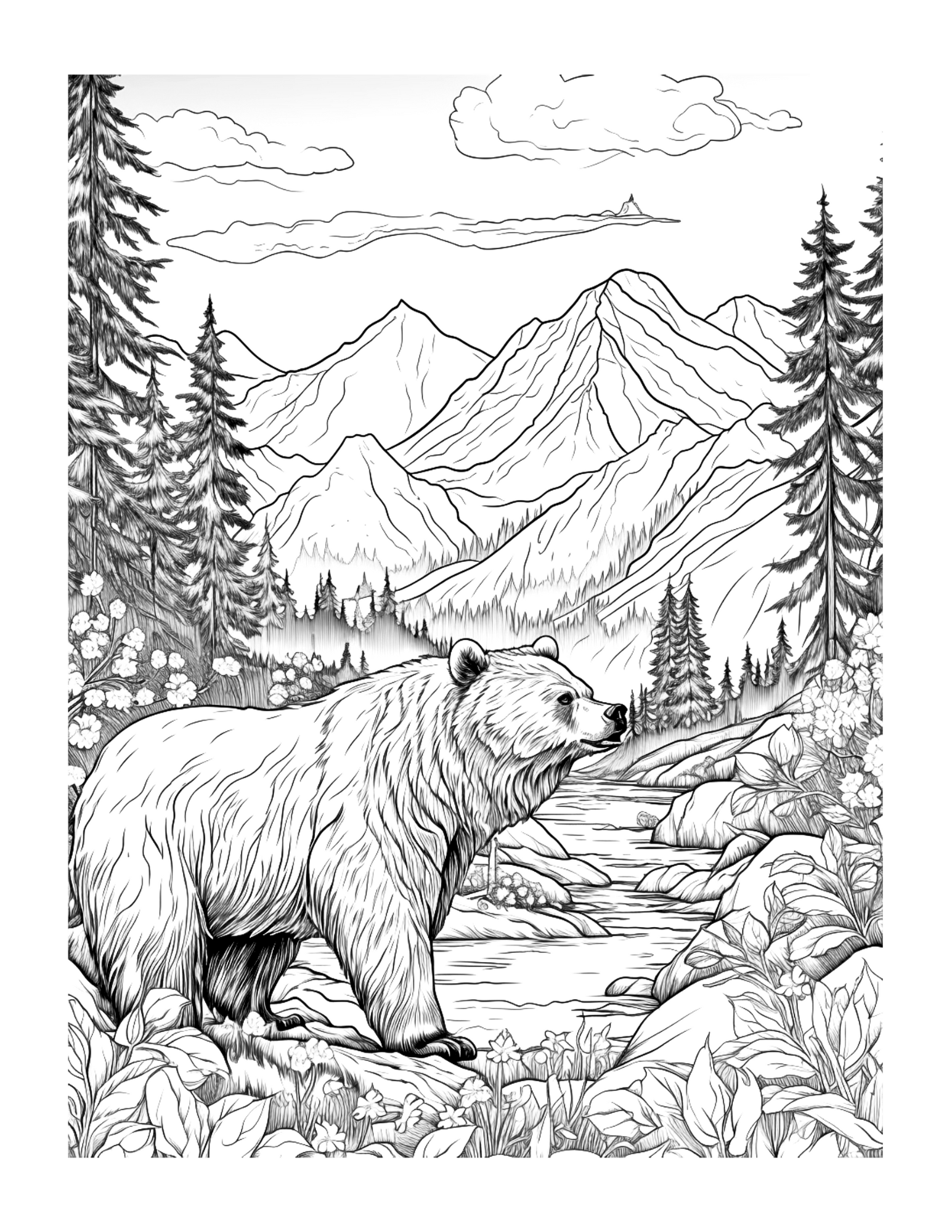 Black and white illustration of a bear in a mountainous forest landscape.