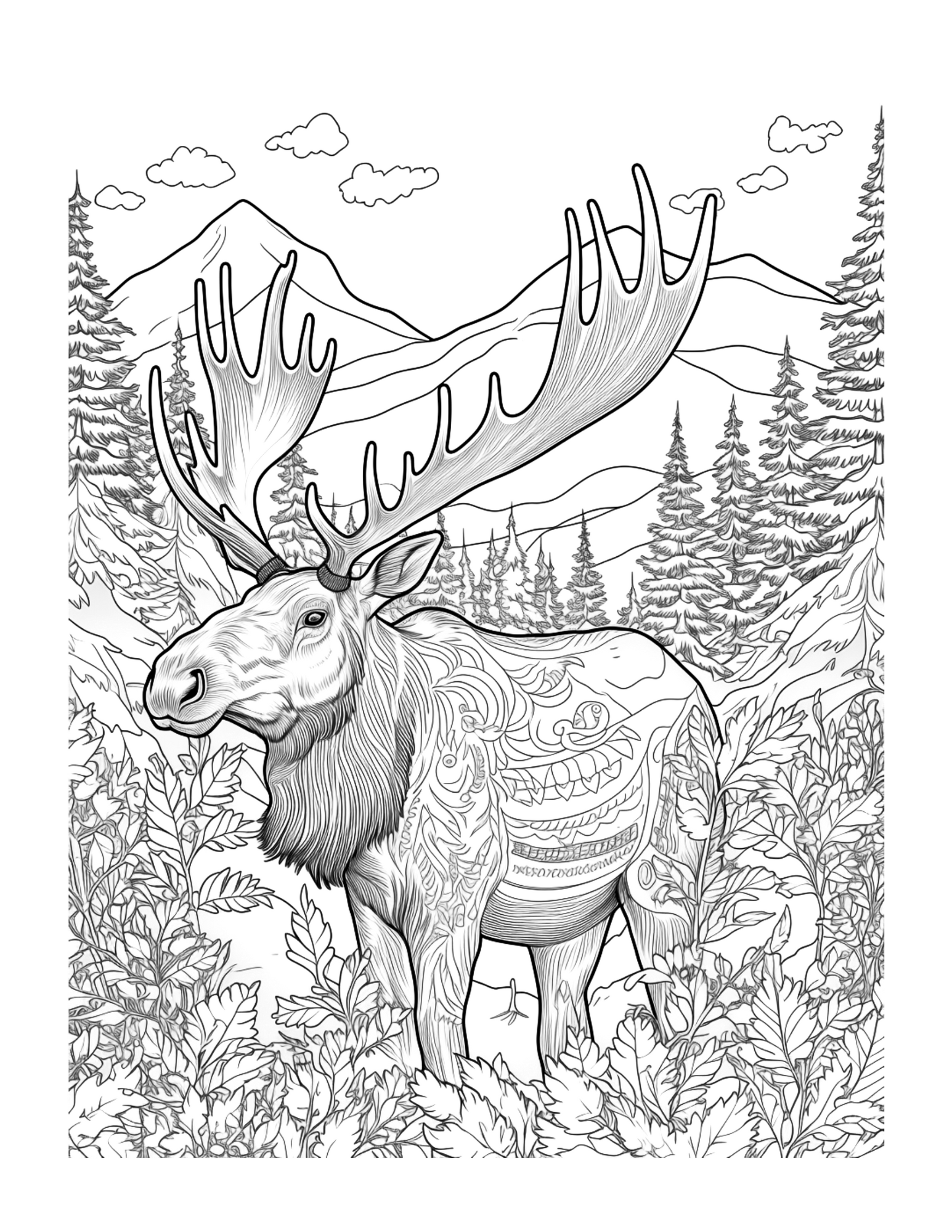 Colouring page of a moose in a forest with mountains in the background