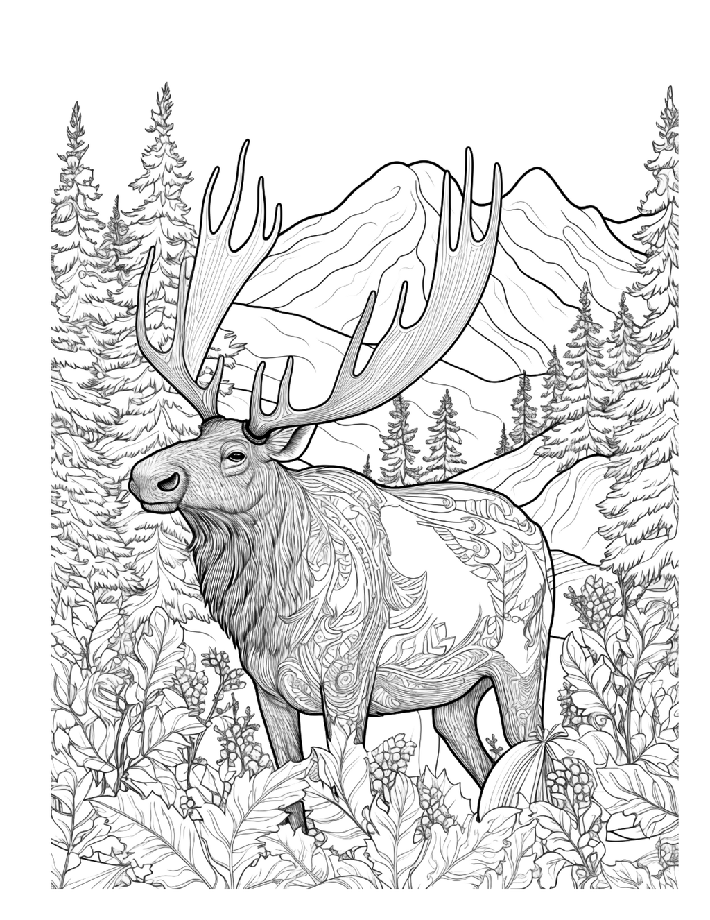 Colouring page of a detailed moose in a forest with mountains.
