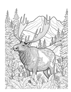 Colouring page of a detailed moose in a forest with mountains.