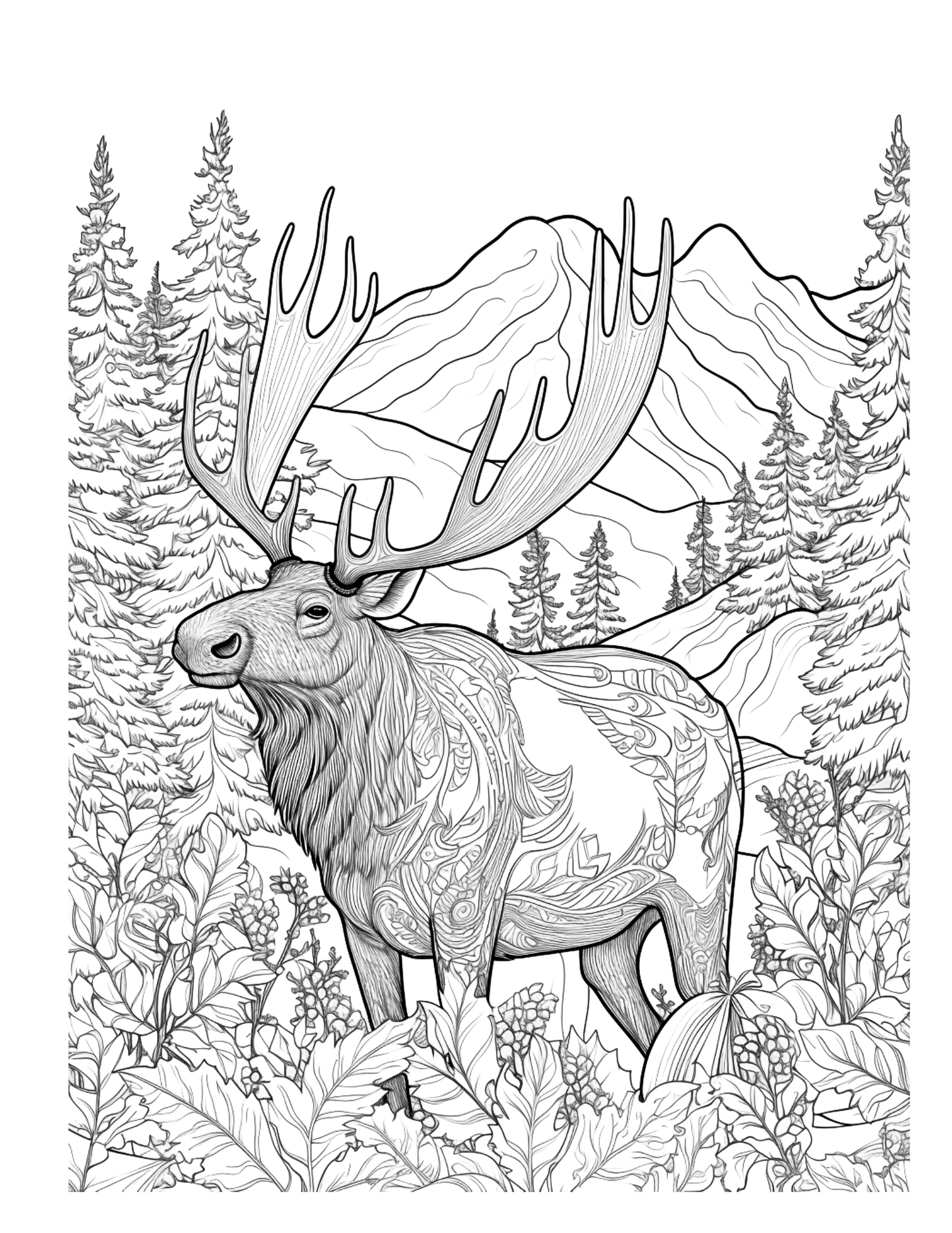 Colouring page of a detailed moose in a forest with mountains.