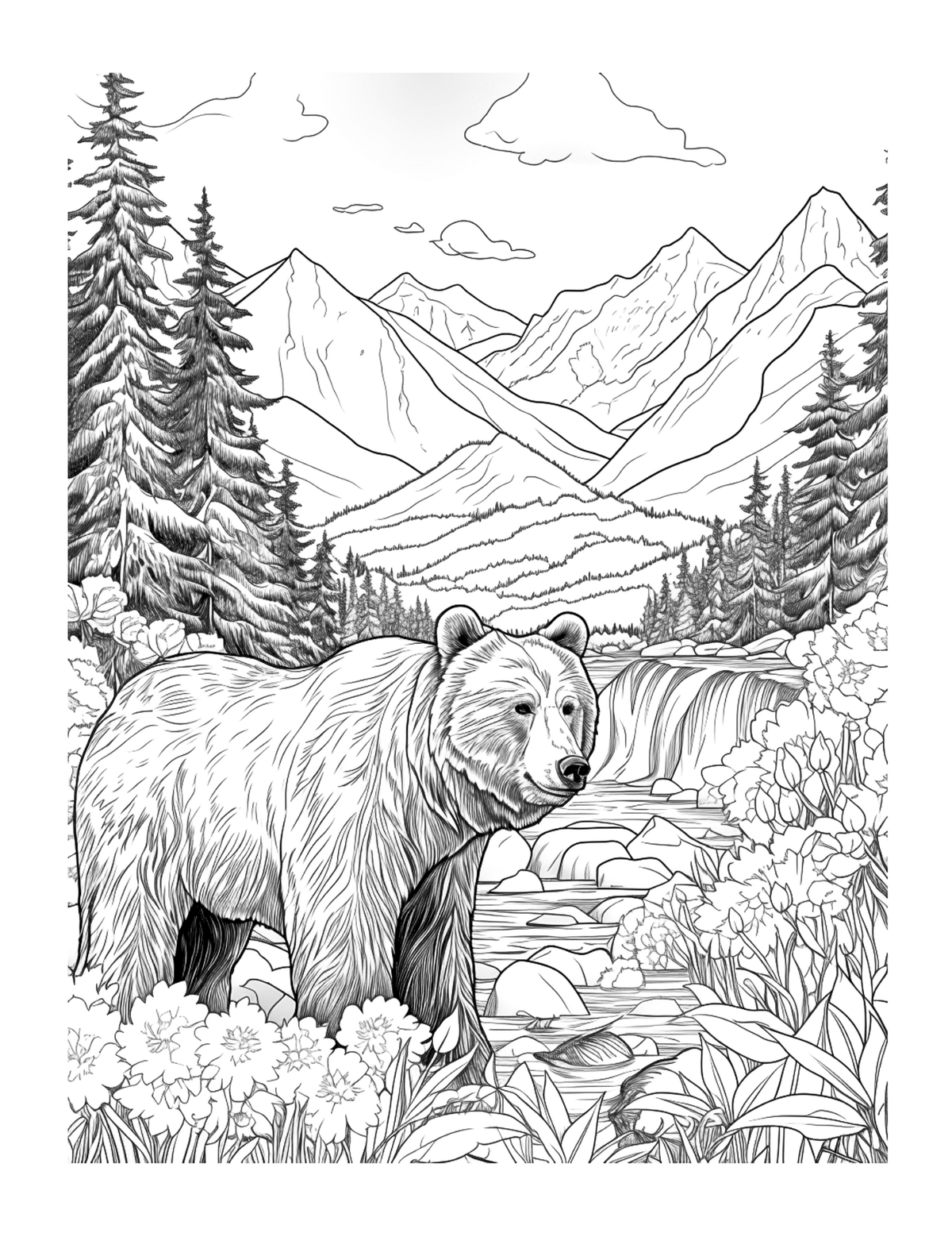 Black and white illustration of a bear in a forest with mountains and a waterfall.