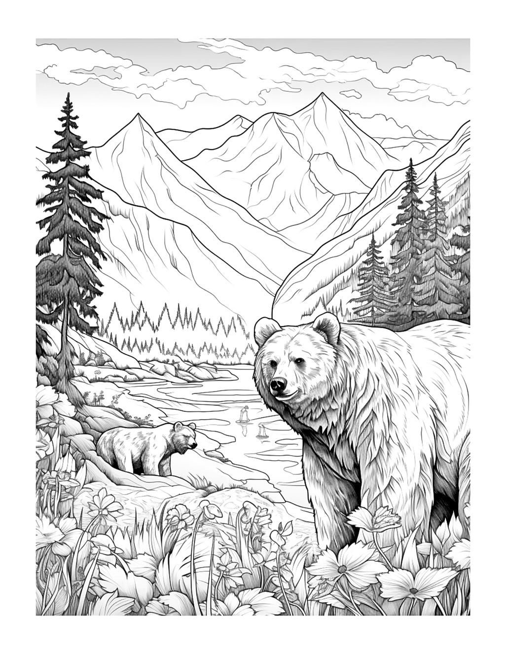 Black and white illustration of two bears in a mountainous landscape with trees and flowers.