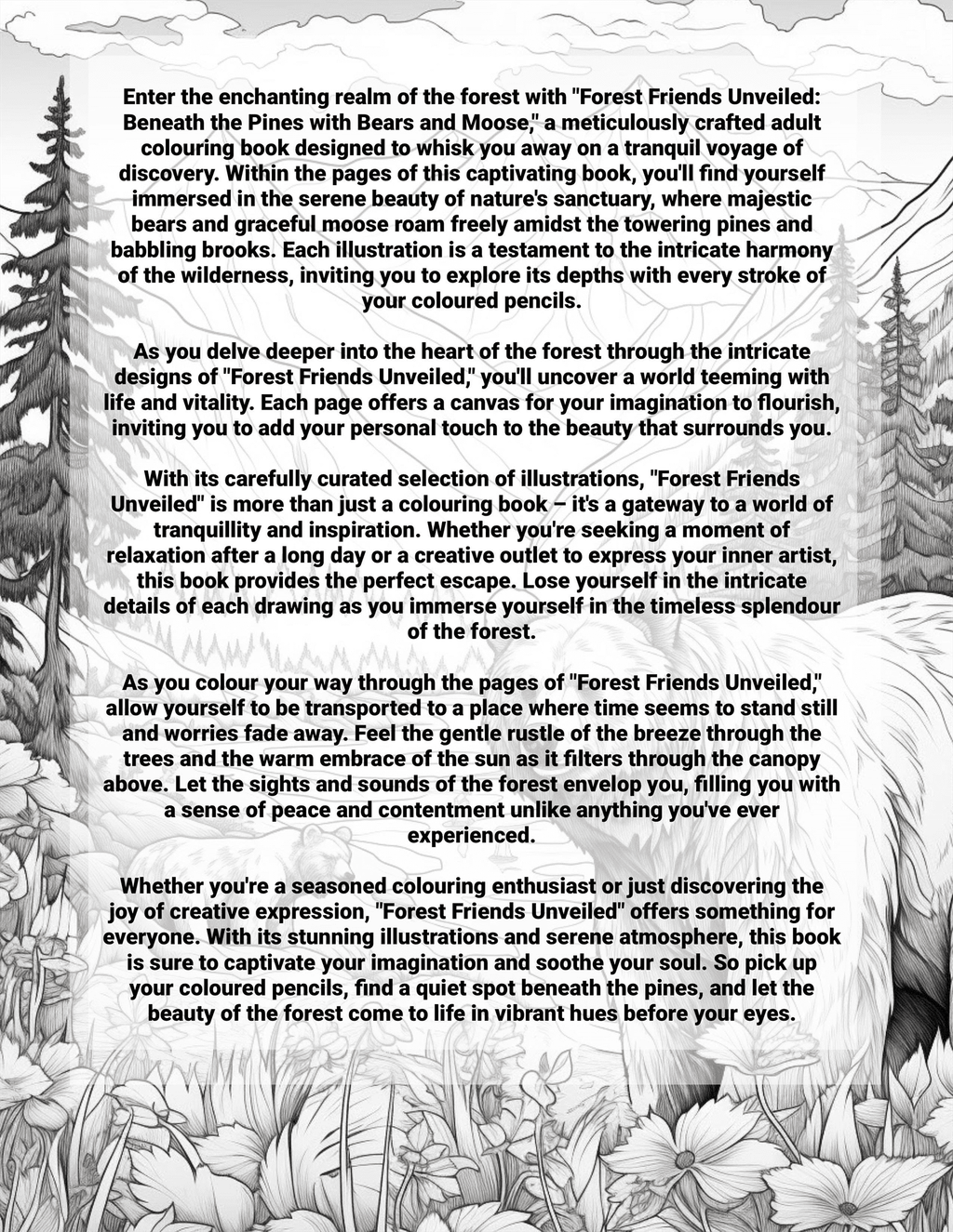 Text description of 'Forest Friends Unveiled' colouring book with nature-themed illustrations - back cover