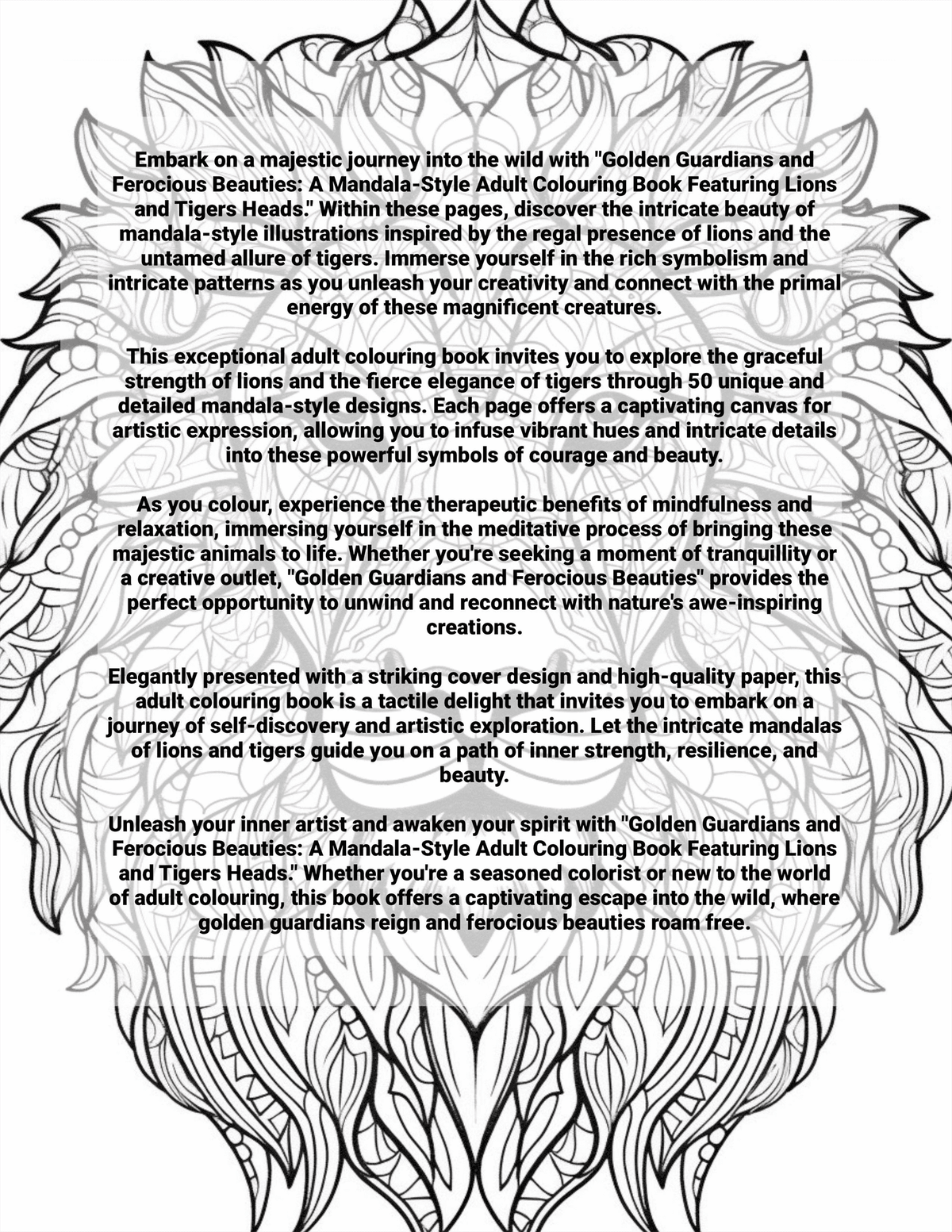 Mandala-style adult coloring book featuring lions and tigers with text on a white background
