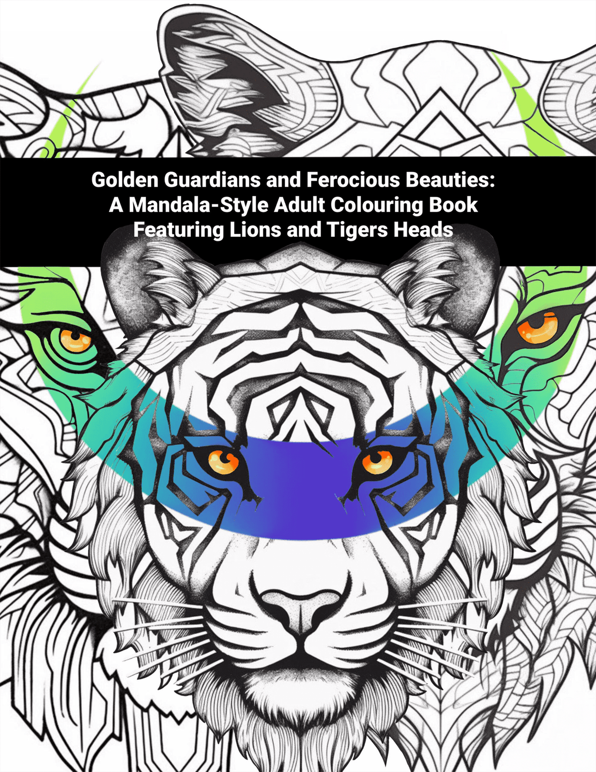 Mandala-style coloring book with a tiger head design on a white background