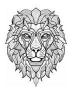 Black and white intricate lion head design on a white background