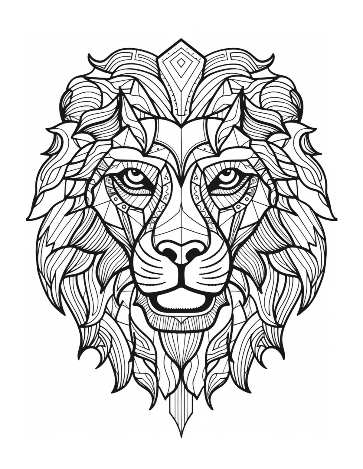 Black and white intricate lion head design on a white background
