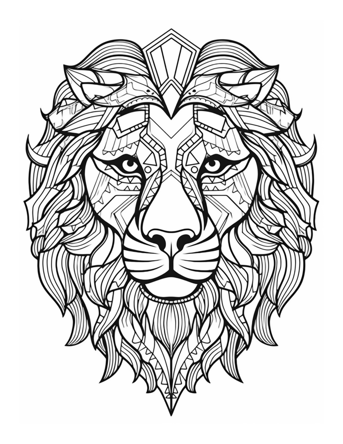 Detailed black and white lion head illustration on a white background