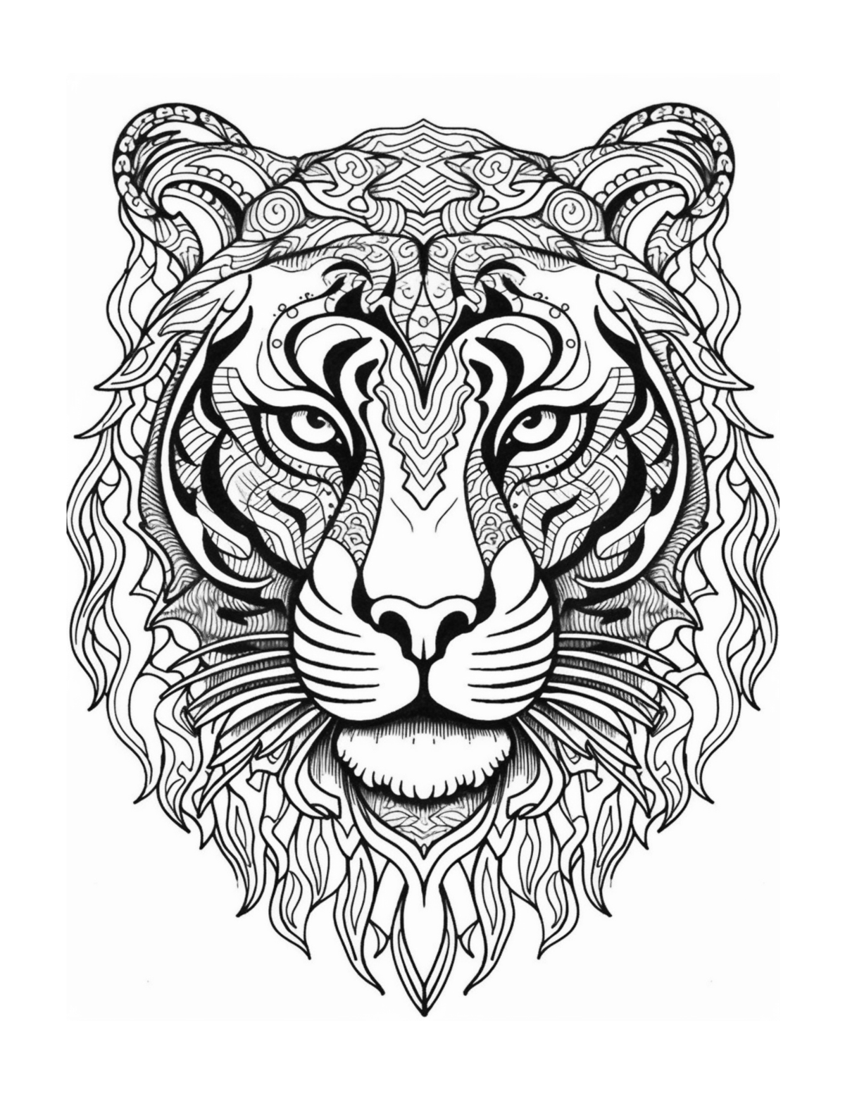 Detailed black and white tiger illustration on a white background