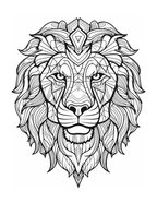 Detailed black and white lion head design on a white background