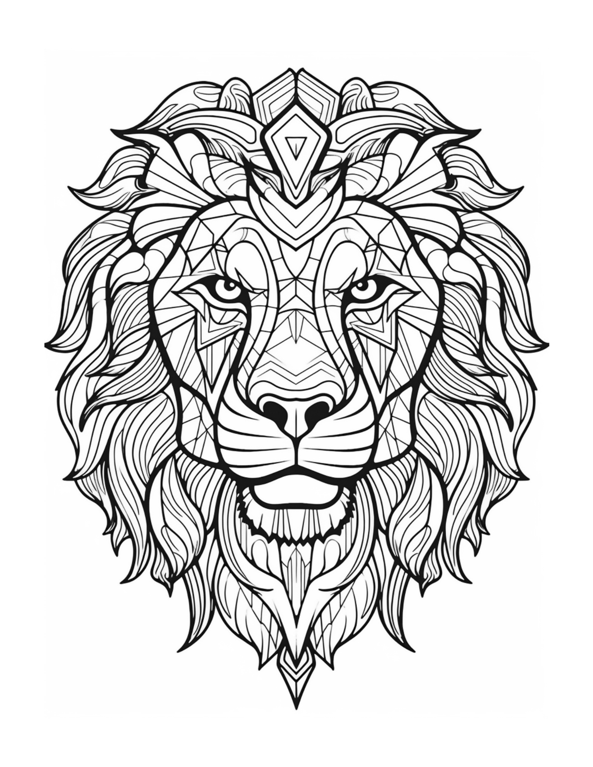 Detailed black and white lion head design on a white background