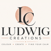 A square logo design for 'Ludwig Creations' featuring a stylized 'LC' monogram inside a textured peach circle, with the brand name 'LUDWIG CREATIONS' in dark charcoal serif text below, and the tagline 'COLOUR CREATE FIND YOUR CALM' on a warm cream background.