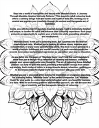 Mandala design with text about 'Mandalas Oasis' colouring book on a white background