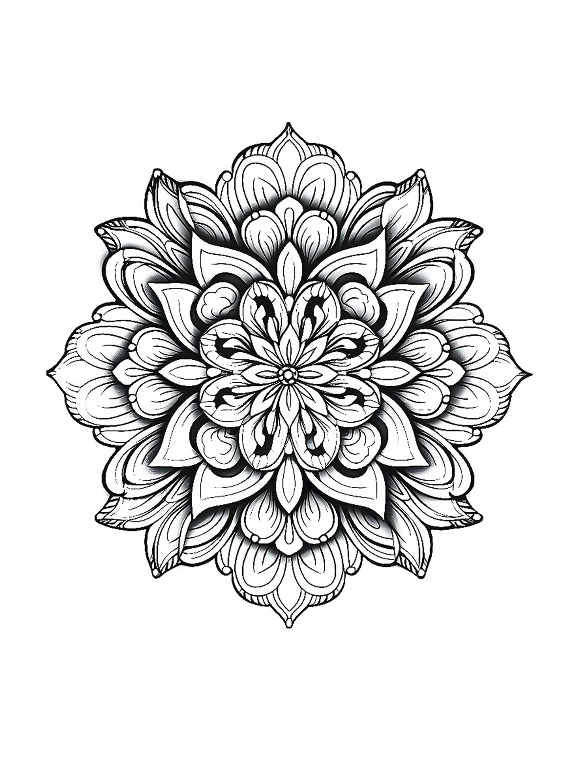 Black and white intricate floral mandala design on a white background