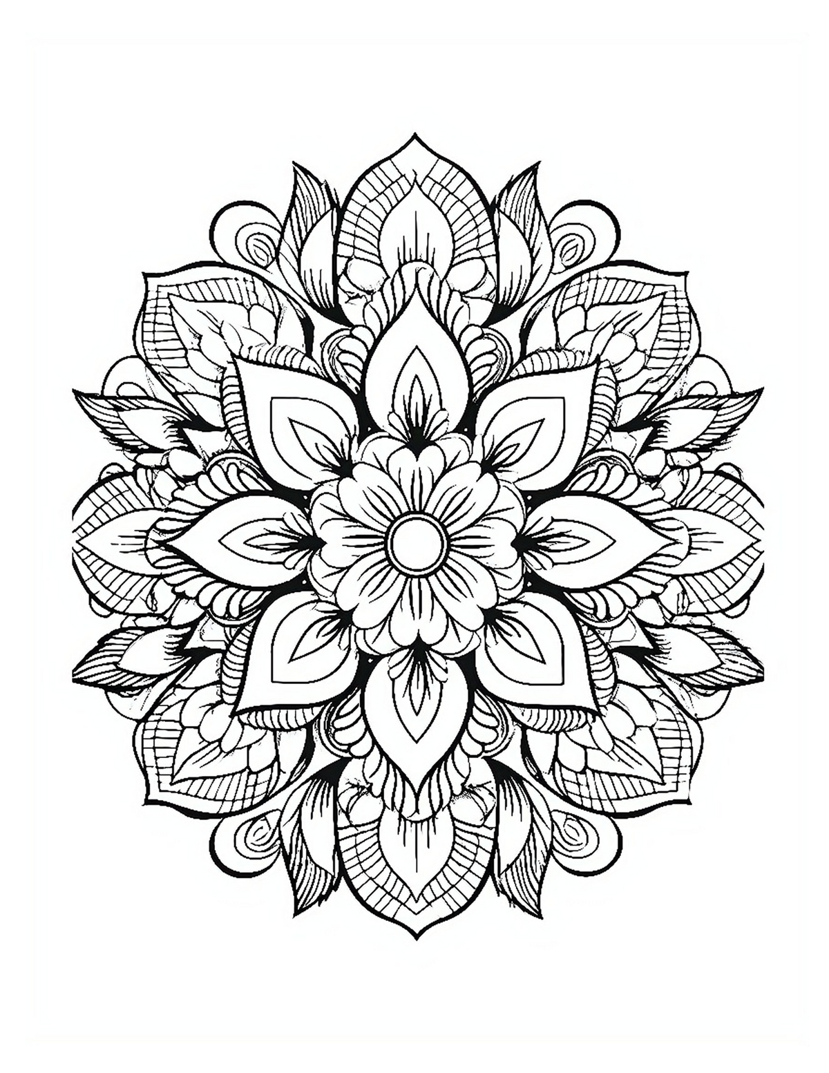 Black and white intricate floral mandala on a white background