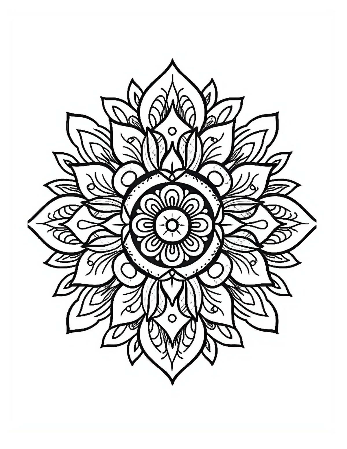 Black mandala design on a white background