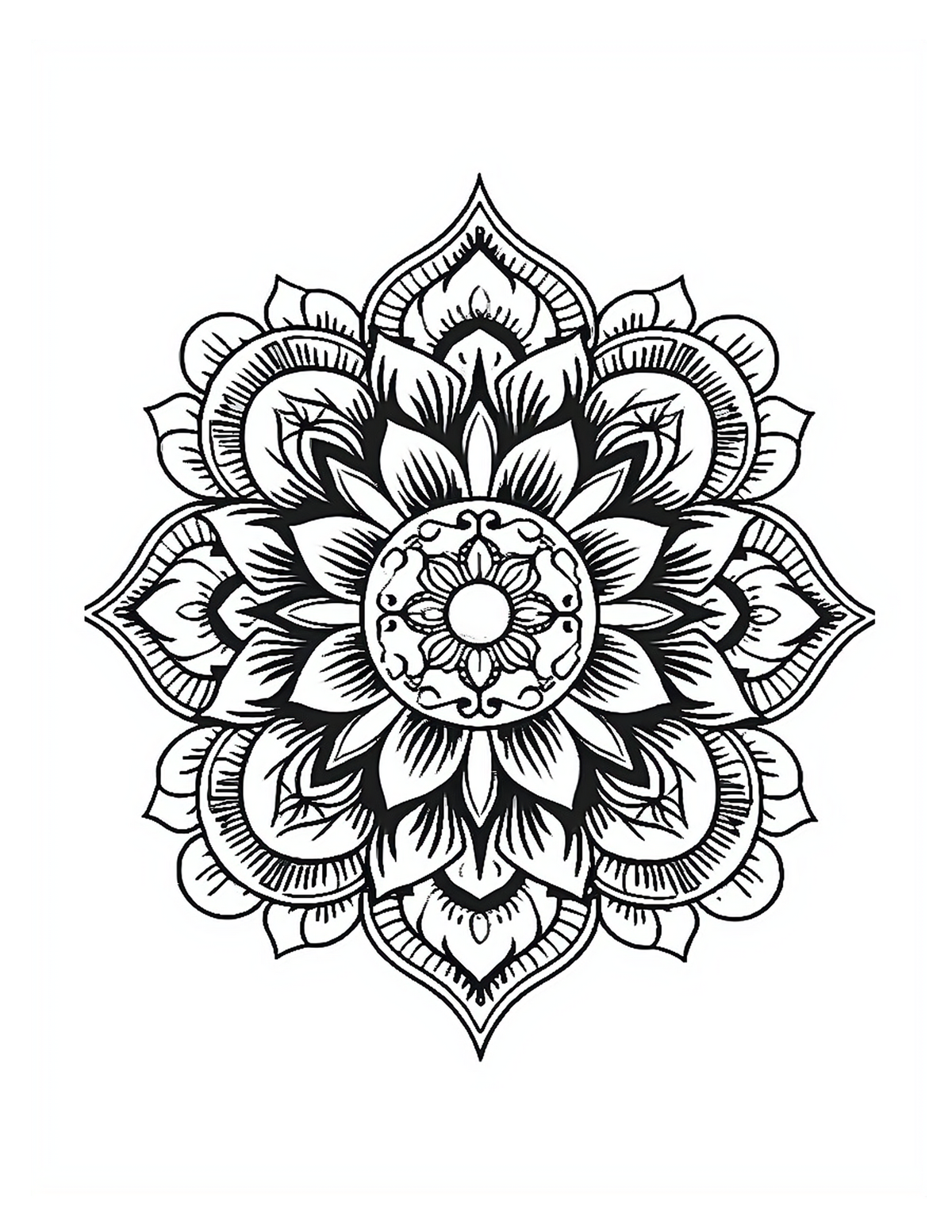 Black and white mandala design on a white background