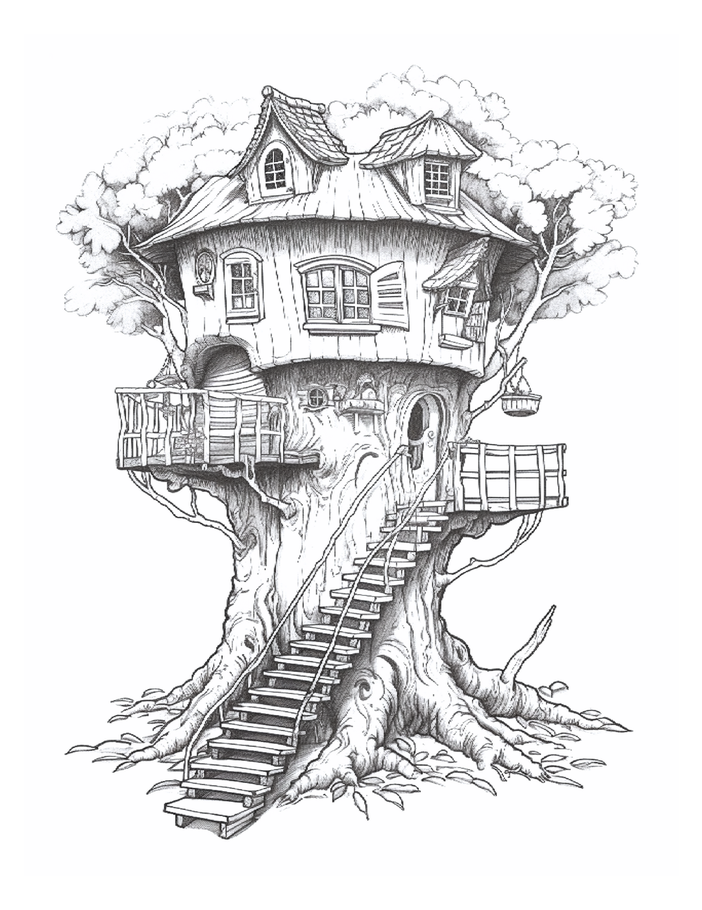 Illustration of a treehouse with a staircase on a white background
