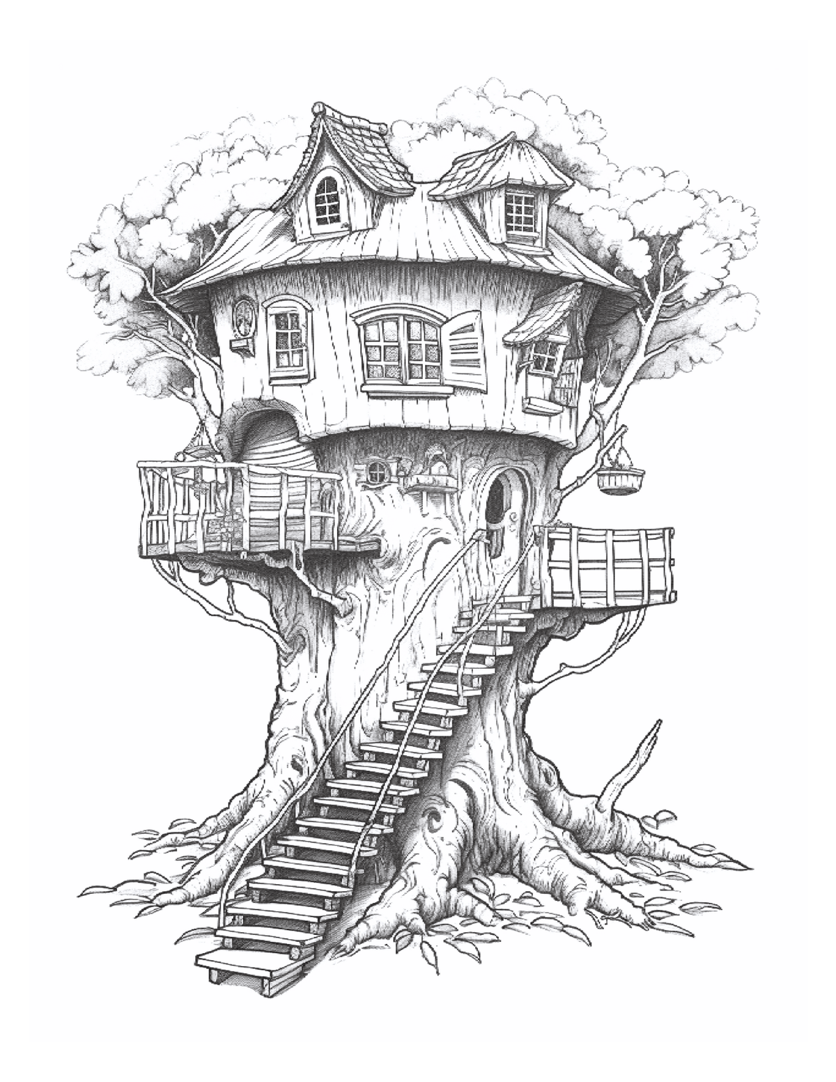 Illustration of a treehouse with a staircase on a white background