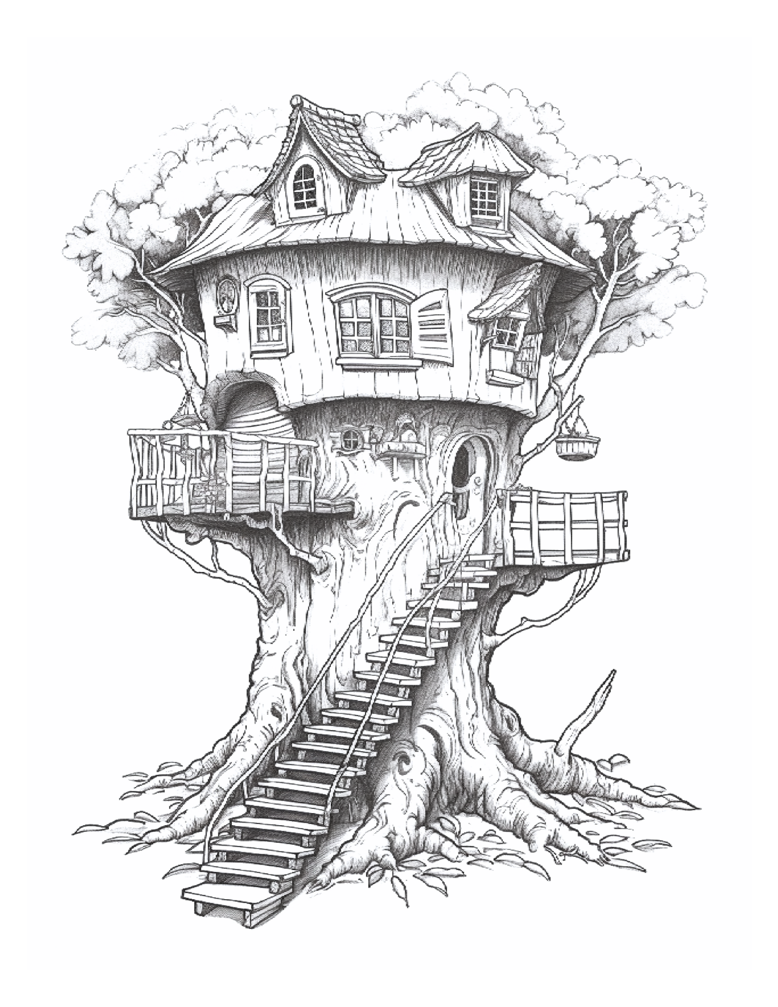 Illustration of a treehouse with a staircase on a white background