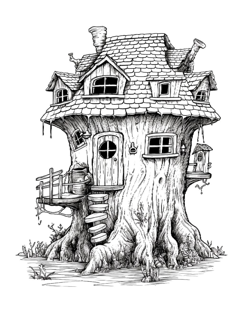Illustration of a treehouse with a detailed design on a white background