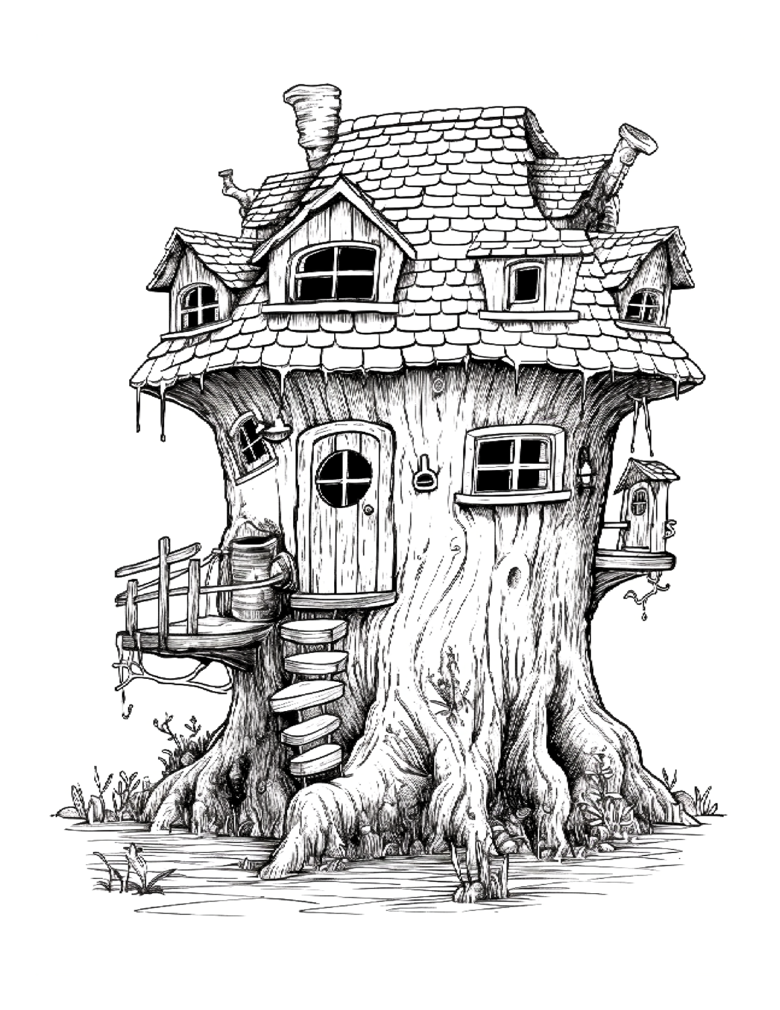 Illustration of a treehouse with a detailed design on a white background