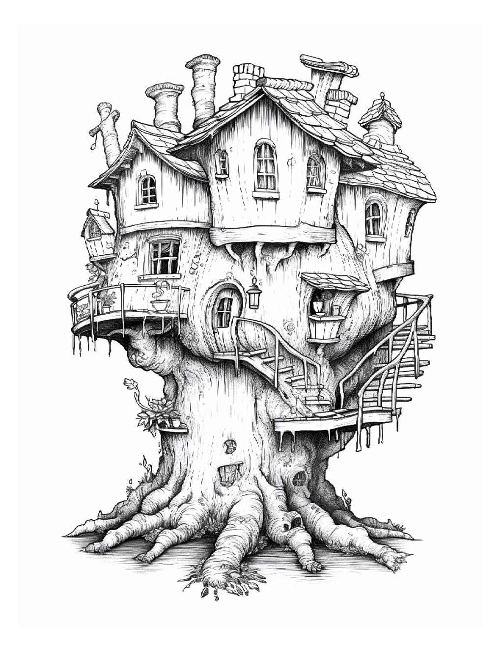 Black and white illustration of a treehouse with multiple levels and detailed architecture.