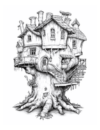 Black and white illustration of a treehouse with multiple levels and detailed architecture.