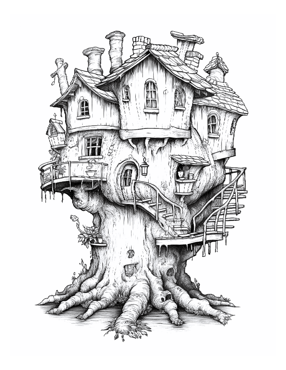 Black and white illustration of a treehouse with multiple levels and detailed architecture.