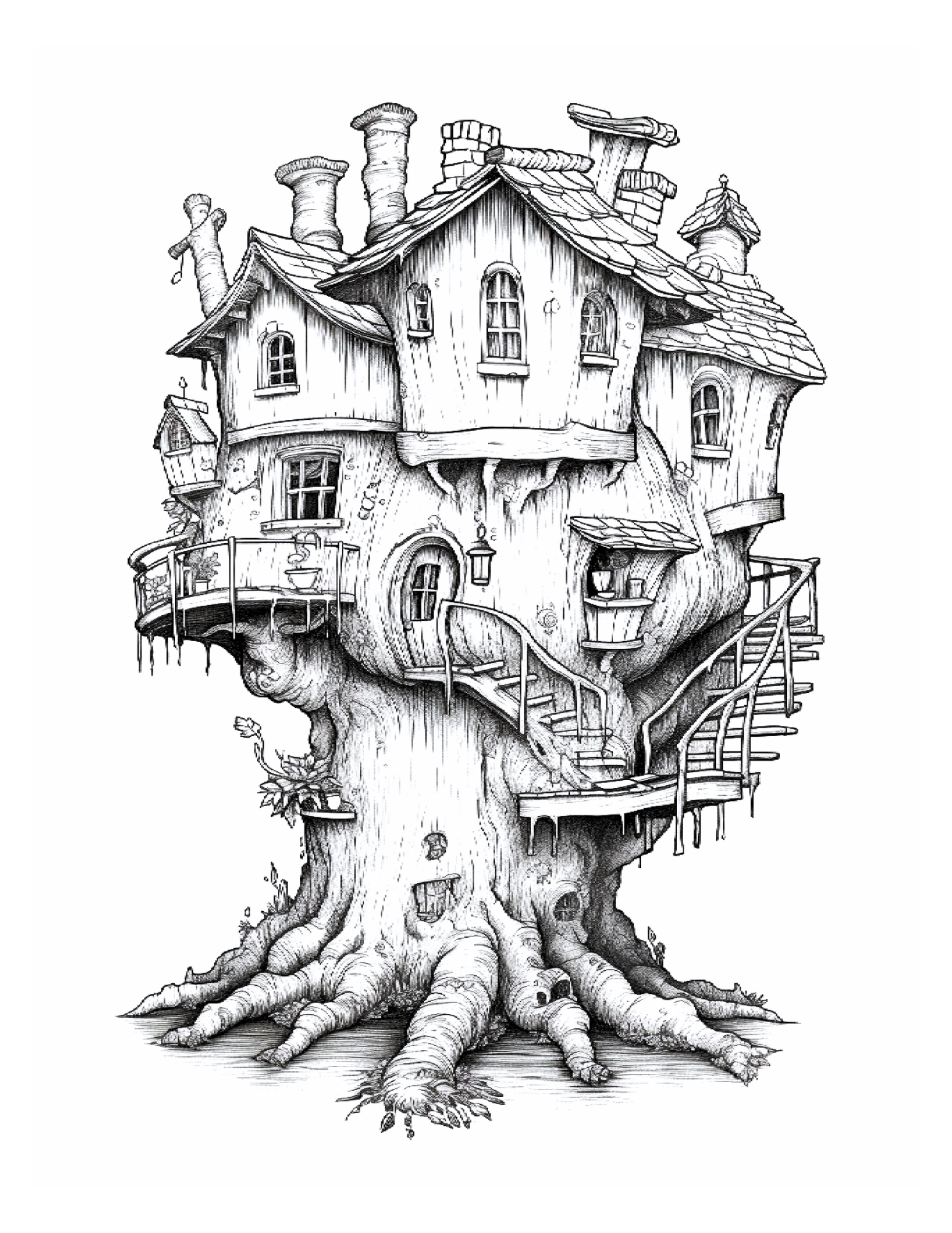Black and white illustration of a treehouse with multiple levels and detailed architecture.