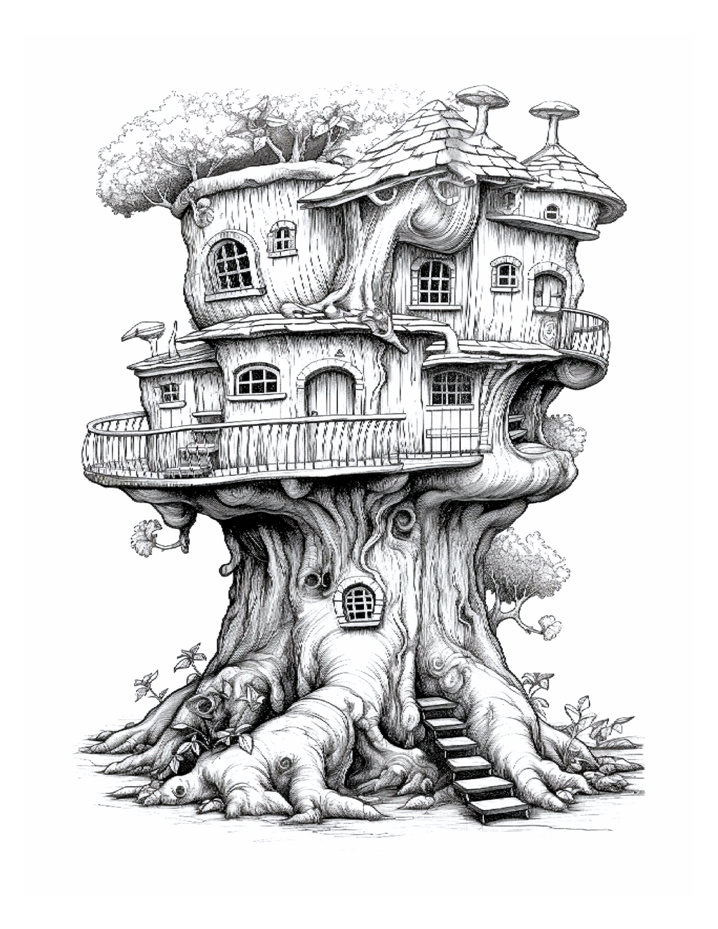 Detailed black and white illustration of a treehouse with a large trunk base.