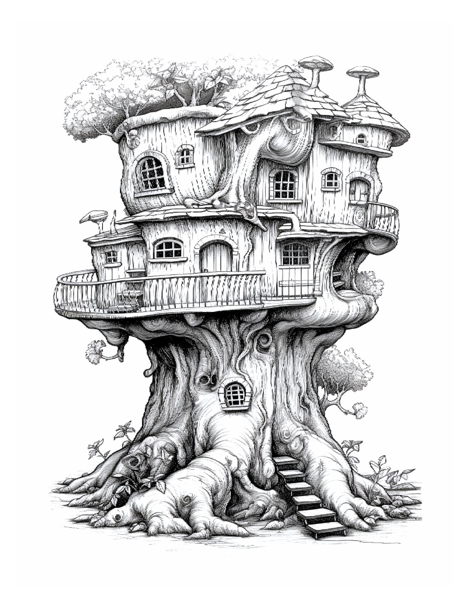 Detailed black and white illustration of a treehouse with a large trunk base.