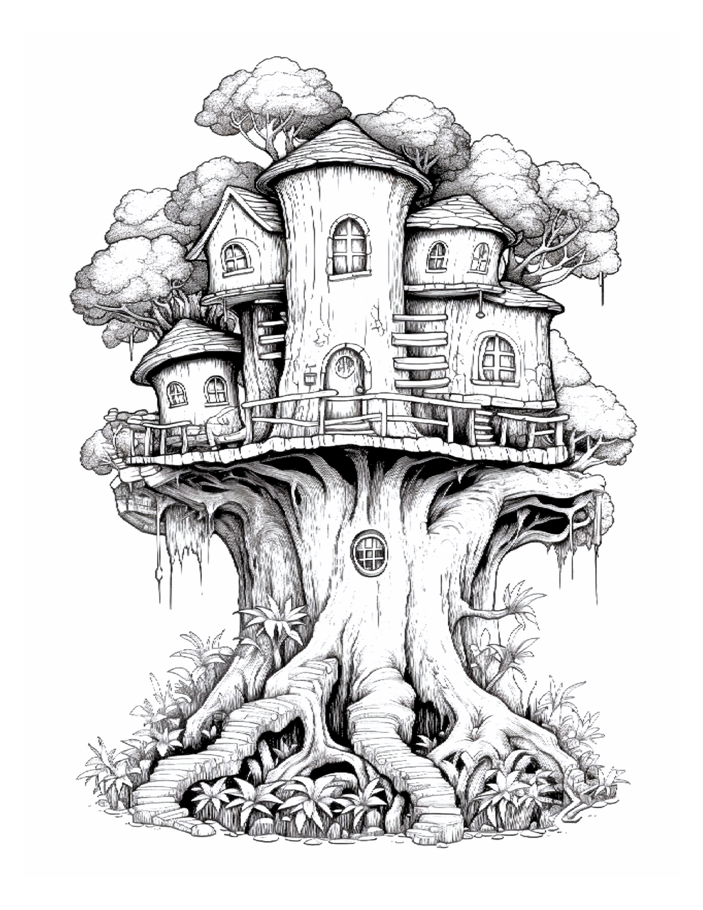 Illustration of a treehouse with detailed architecture on a white background