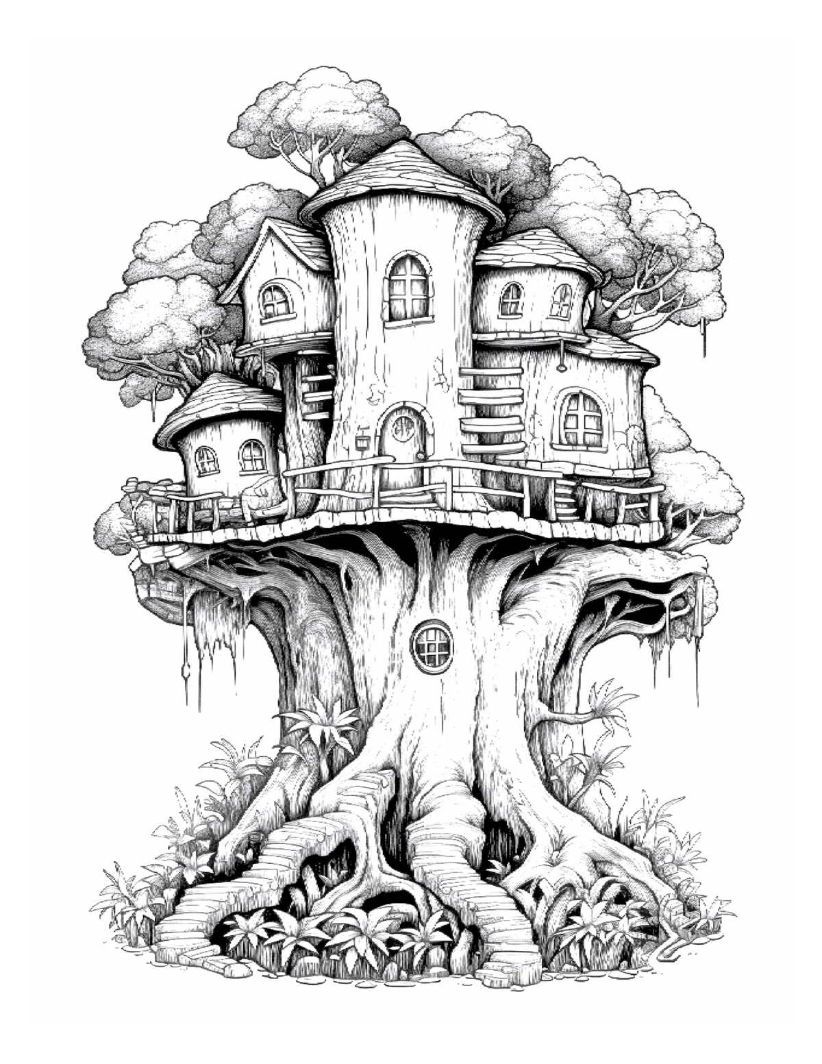 Illustration of a treehouse with detailed architecture on a white background