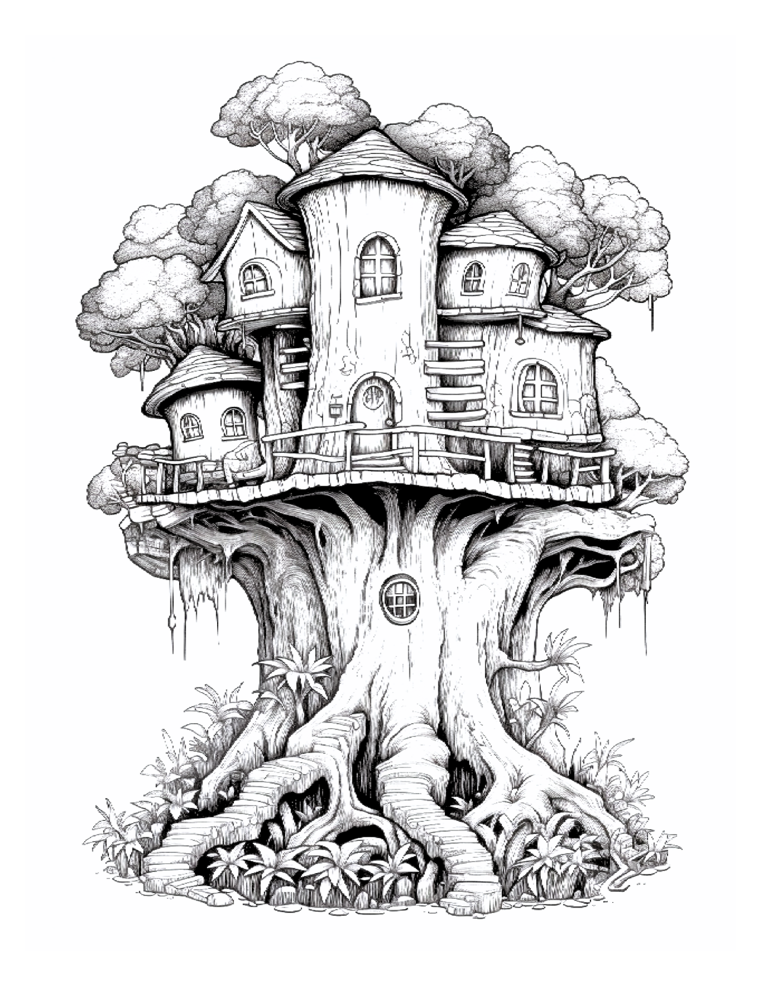 Illustration of a treehouse with detailed architecture on a white background