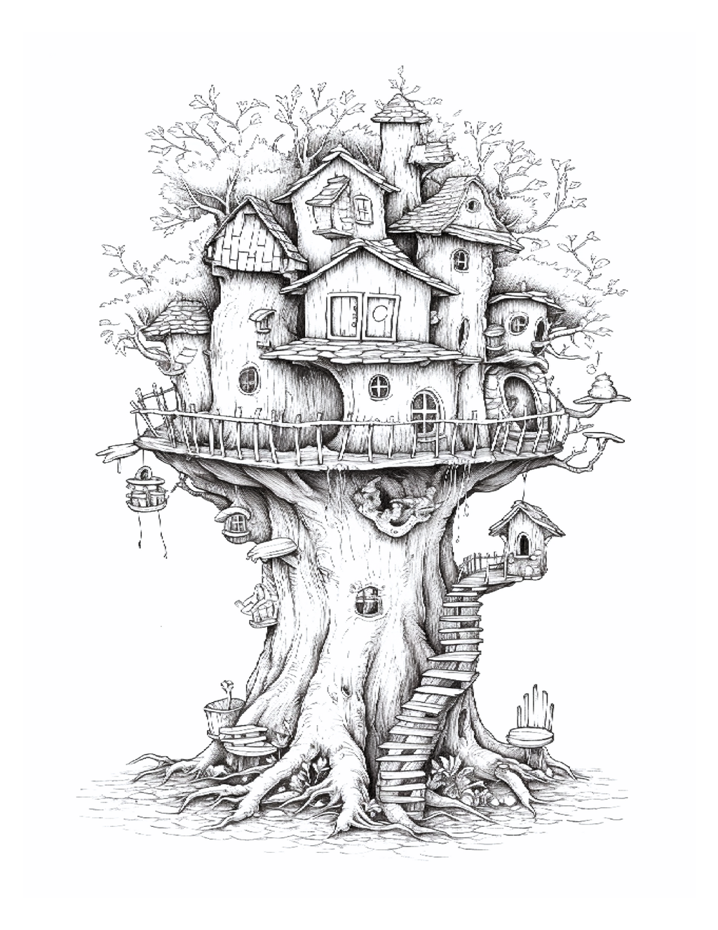 Illustration of a treehouse with multiple rooms and a staircase on a white background