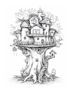 Illustration of a treehouse with multiple rooms and a staircase on a white background