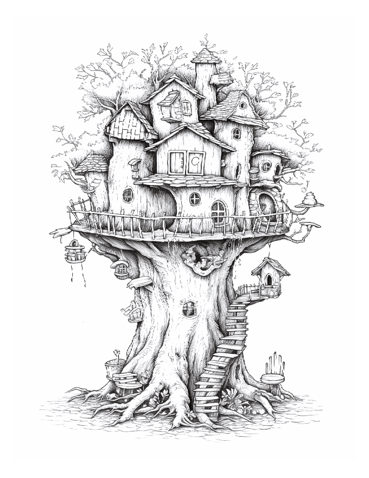 Illustration of a treehouse with multiple rooms and a staircase on a white background