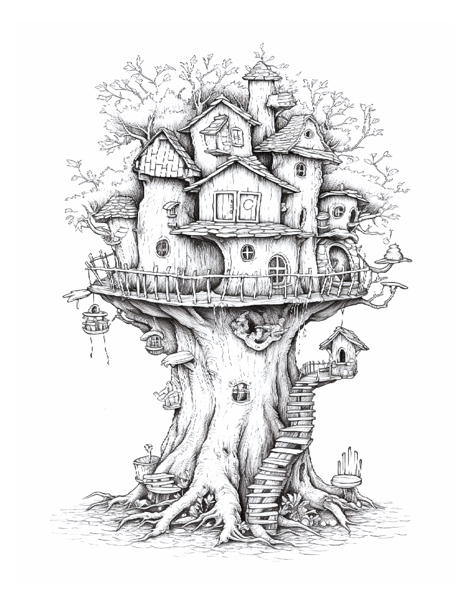 Illustration of a treehouse with multiple rooms and a staircase on a white background